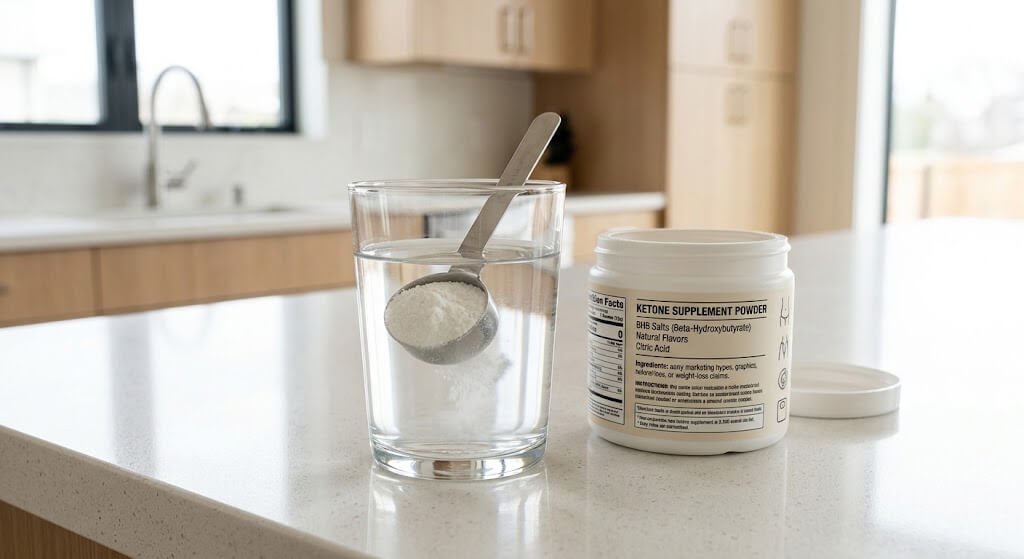 A glass of water with a scoop of powdered ketone supplement on a clean kitchen counter, with the ingredient label visible and no exaggerated weight-loss imagery
