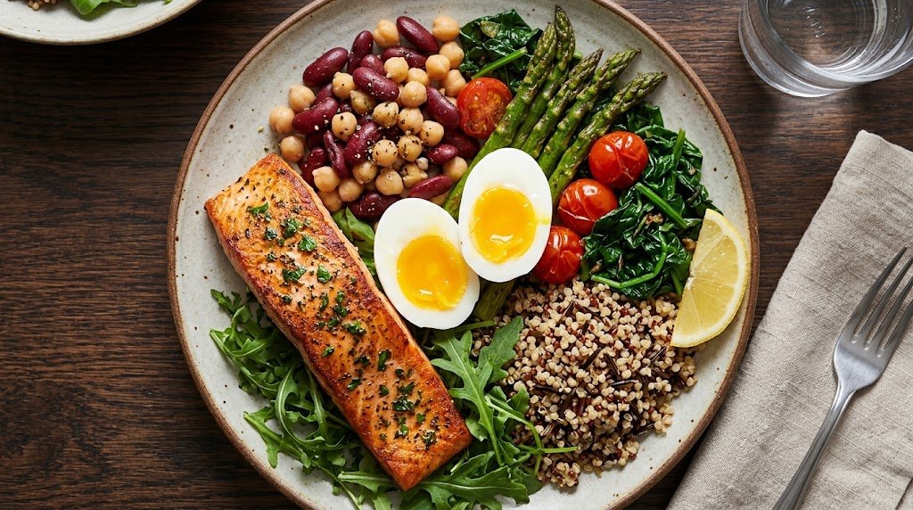 A balanced high-protein meal with eggs, salmon, beans, vegetables, and whole grains.