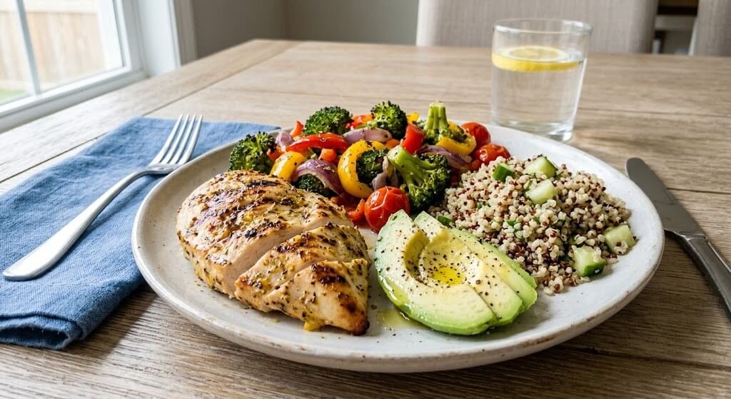 A balanced meal plate divided into high-quality protein,