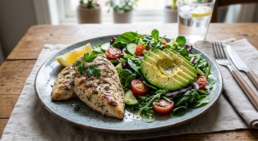 A balanced meal plate featuring lean grilled chicken