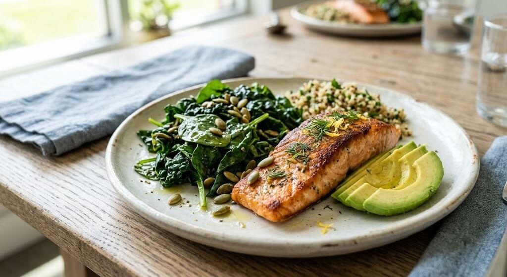 A balanced plate of whole foods including dark l