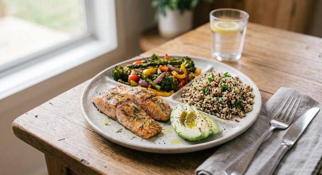 A balanced plate showing lean protein, complex