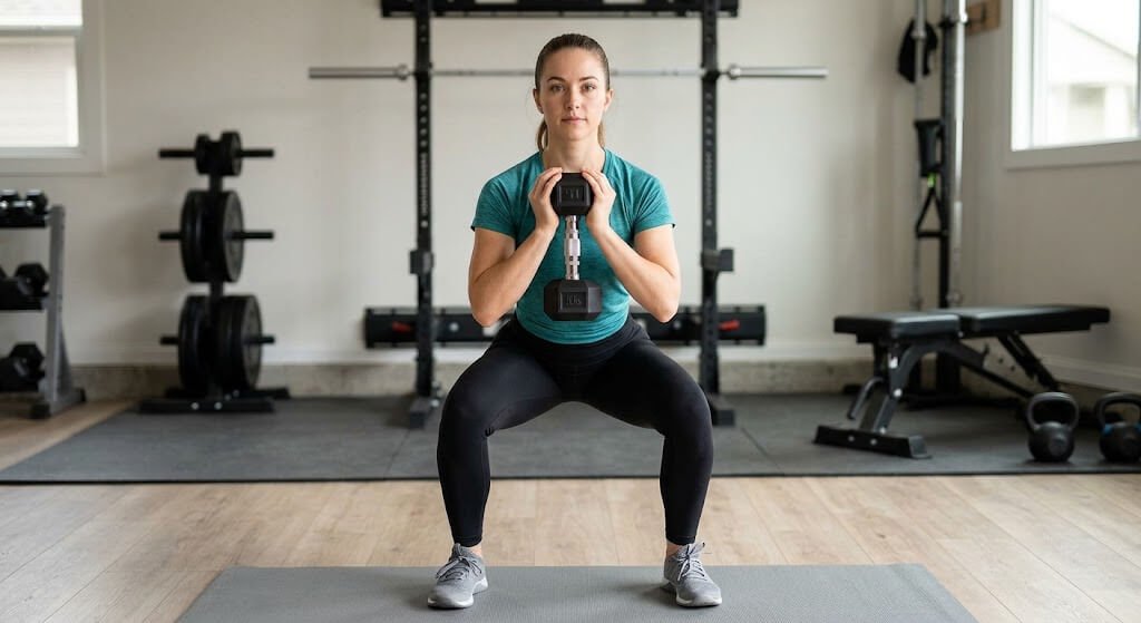 A beginner doing a goblet squat with a 15 lb (7 kg) dumbbell, front view, showing a tall chest and knees tracking over toes