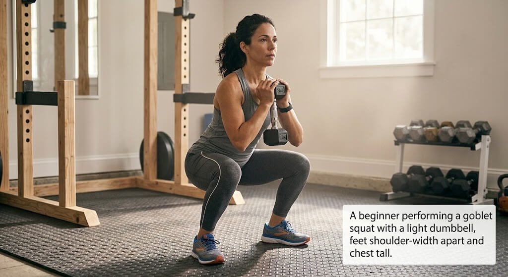 A beginner performing a goblet squat 