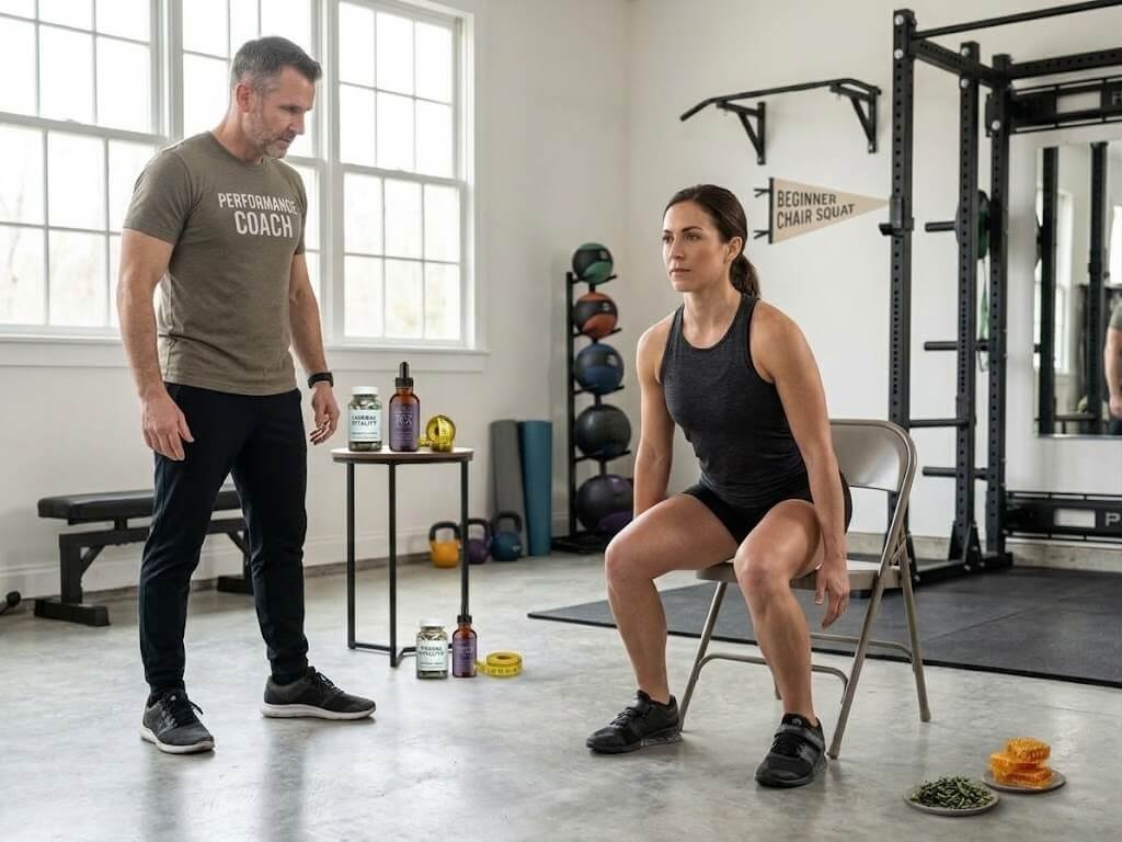 A beginner performing a supported chair squat with feet planted firmly and knees tracking in line with the toes.