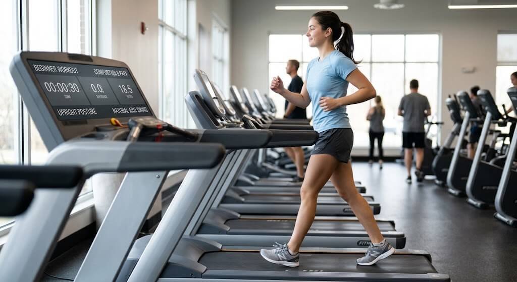 A beginner walking briskly on a treadmill at a comfortable pace, with an upright posture and a natural arm swing