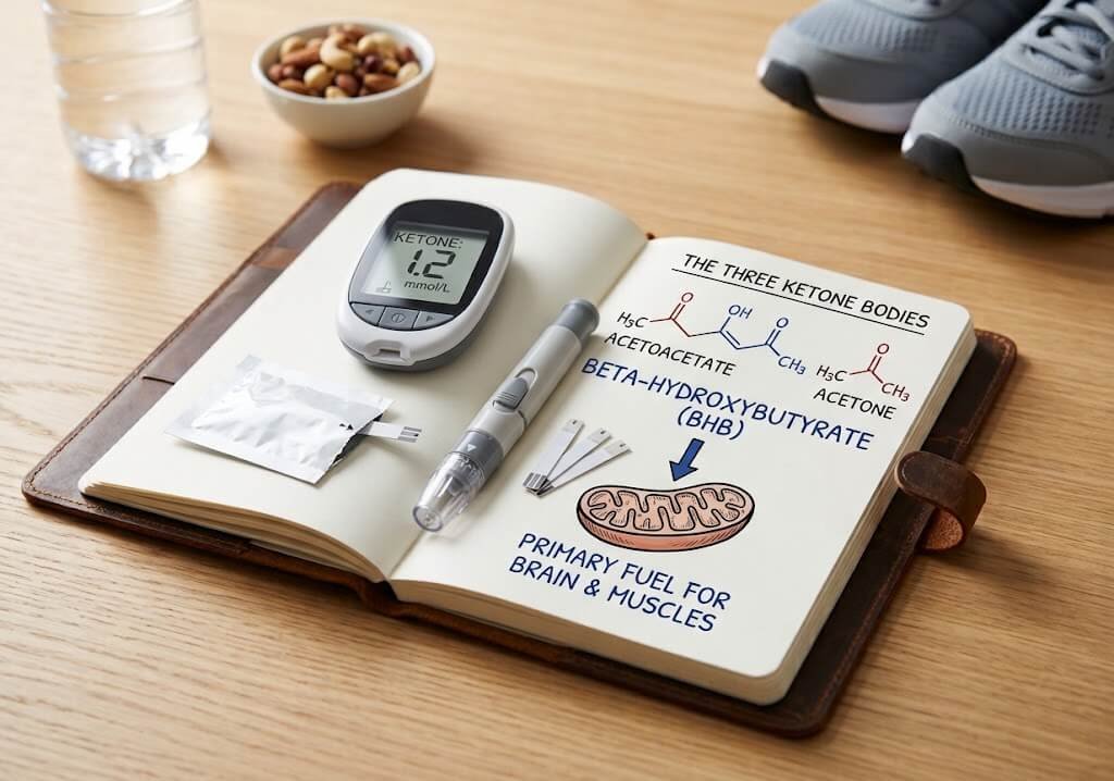 A blood ketone meter, test strip, and lancing device on a clean surface