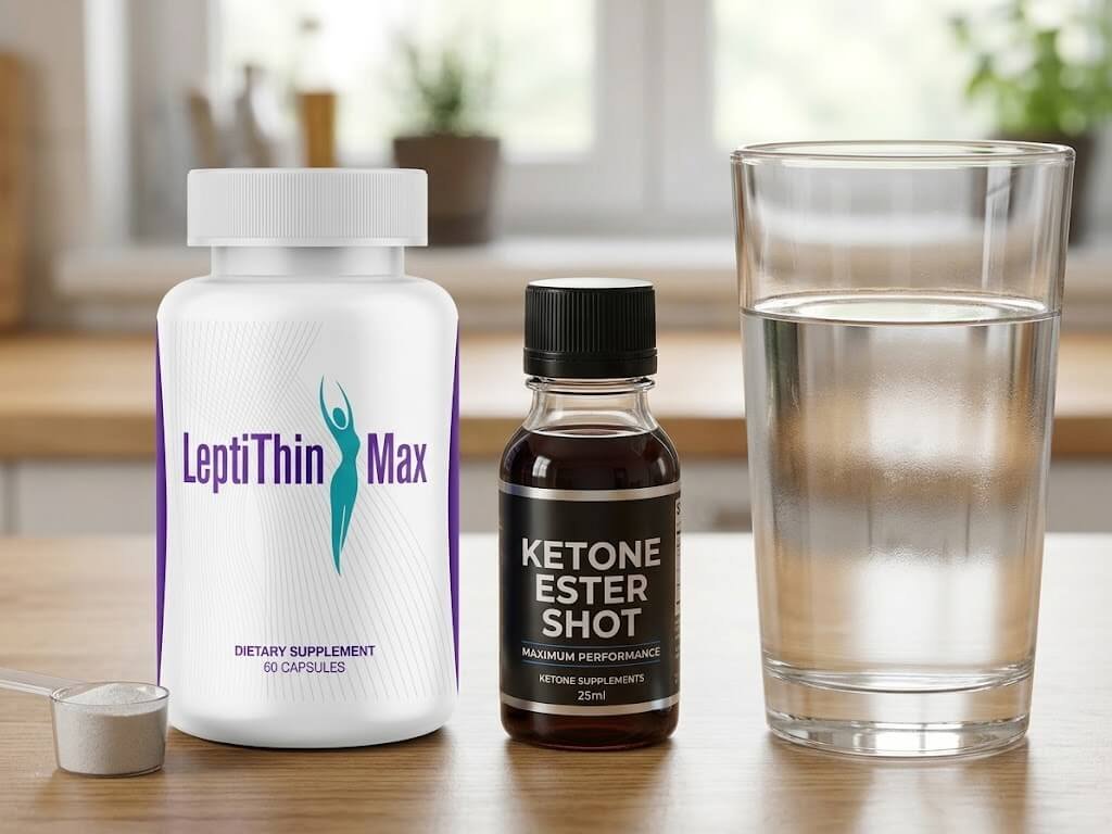 A bottle of BHB ketone salt powder and a ketone ester shot next to a glass of water,