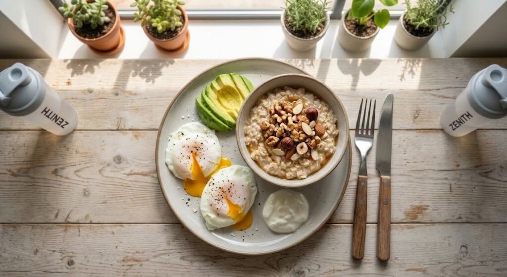 A breakfast plate with eggs, oats topped with nuts, and sliced avocado