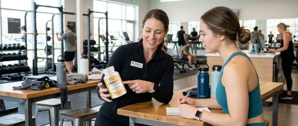 A certified coach explaining a supplement label to a client in a bright, modern gym setting, pointing t