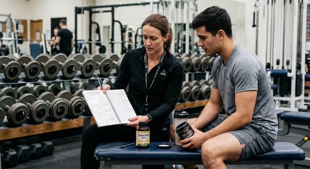 A certified coach reviewing a client’s workout log and supplement stack, including a clearly labeled