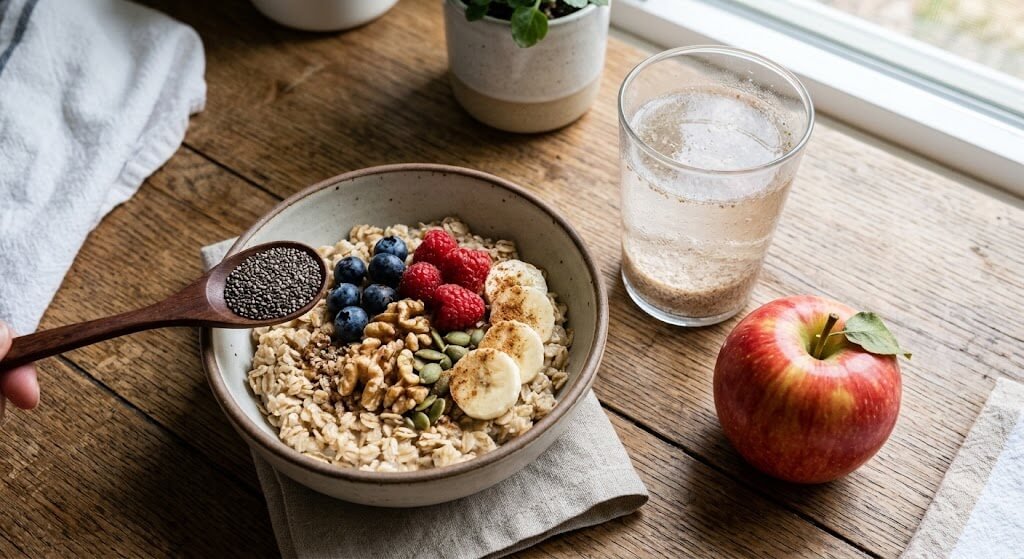 A clean, bright flat-lay image showing a bowl of oats, a spoonful of chia seeds, a glass of water