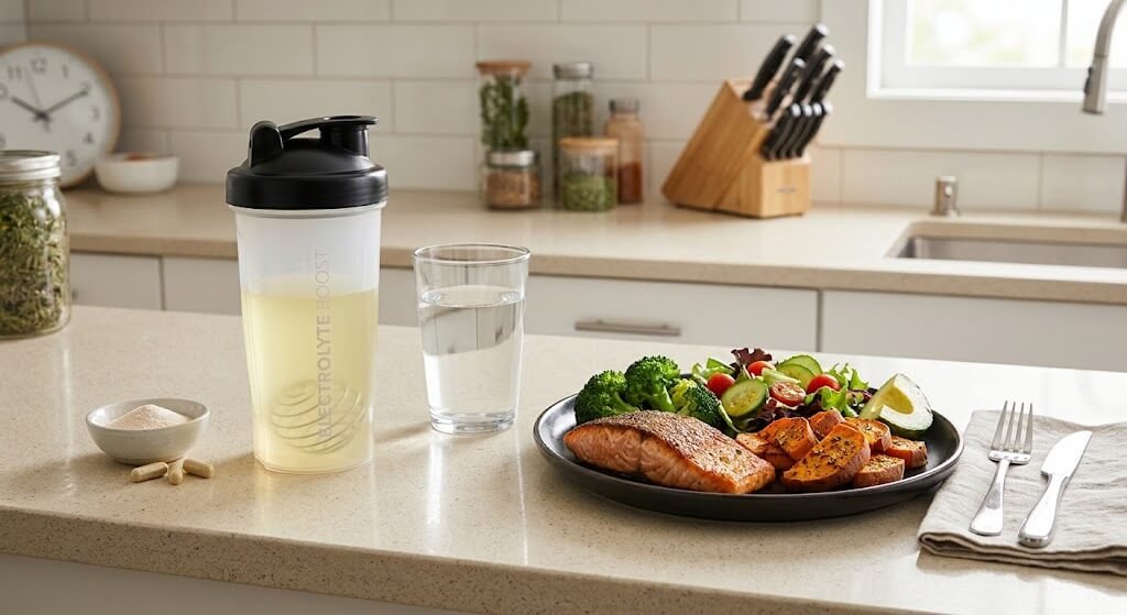 A clean, organized kitchen counter showing a shaker bottle with electrolytes,