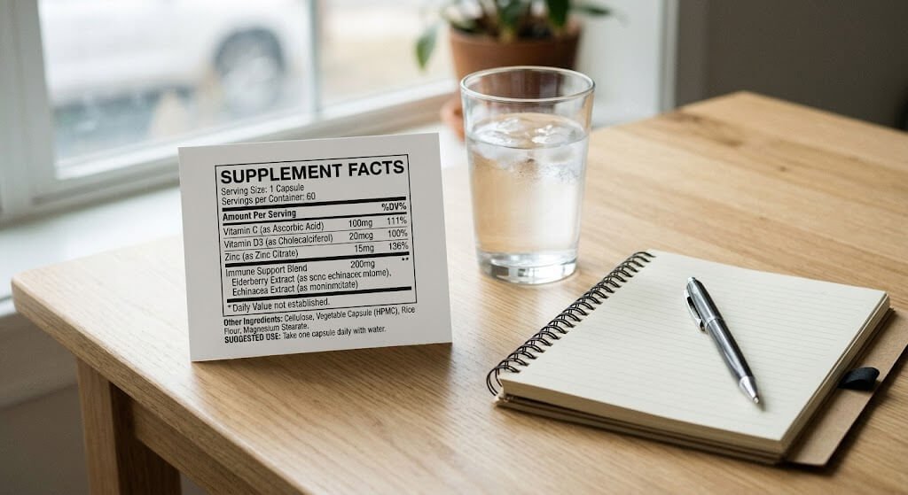 A clean, realistic still life of a neutral supplement facts label beside a glass of water and a notebook, 