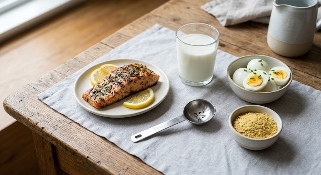 A clean, well-lit flat-lay photo of B12-rich foods including a fillet of salmon