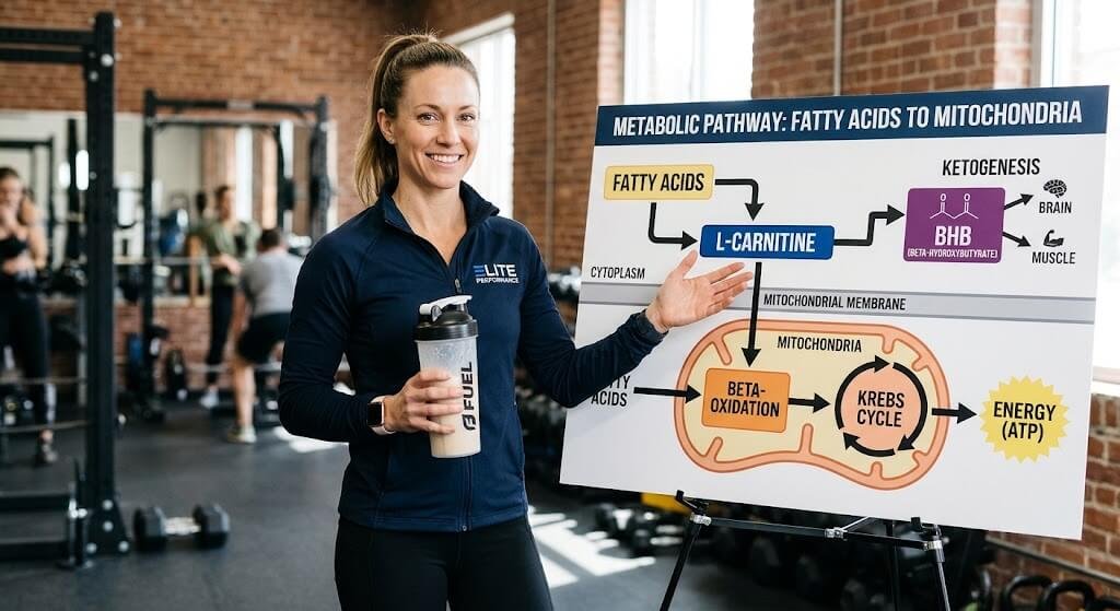 A clean, well-lit image of a coach holding a shaker bottle next to a chart showing the metabolic pathway
