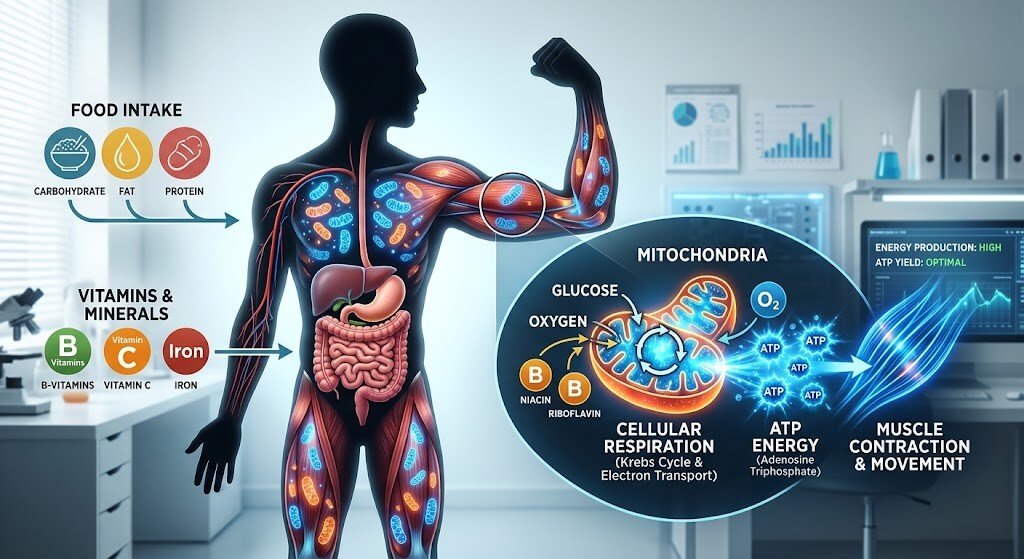 A clean, well-lit infographic showing a human silhouette with glowing mitochondria