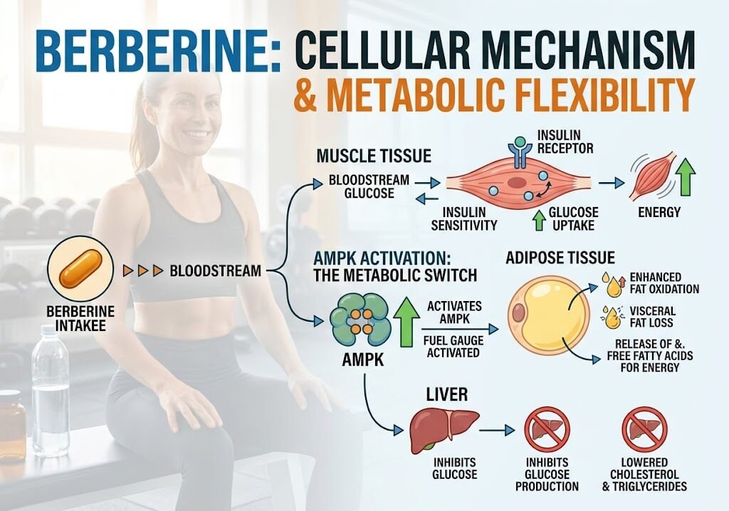 A clean, well-lit infographic showing the cellular mechanism of berberine, highlighting AMPK activation, glucose uptake in muscle cells, and fat oxidation in adipose tissue.