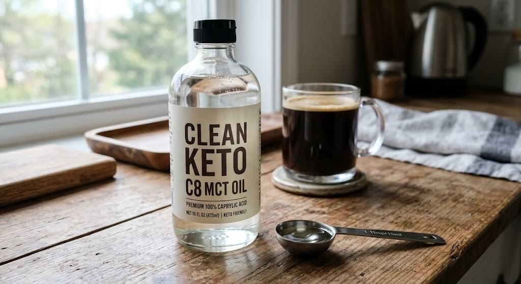 A clear glass bottle of C8 MCT oil next to a measuring spoon, with a glass of black coffee in the background,