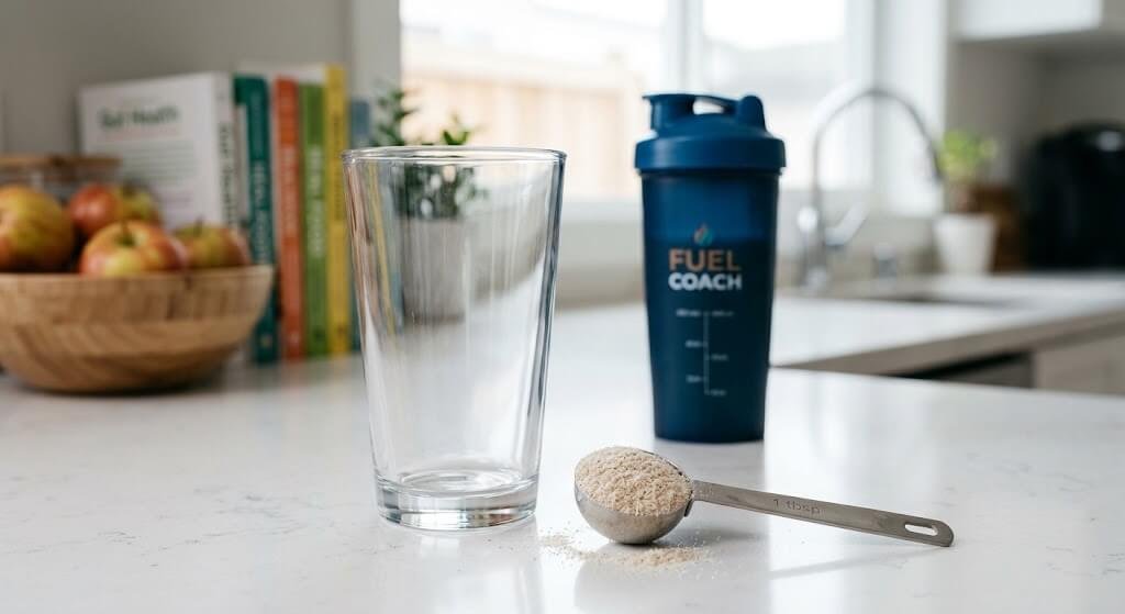 A clear glass of water next to a measuring spoon filled with light 