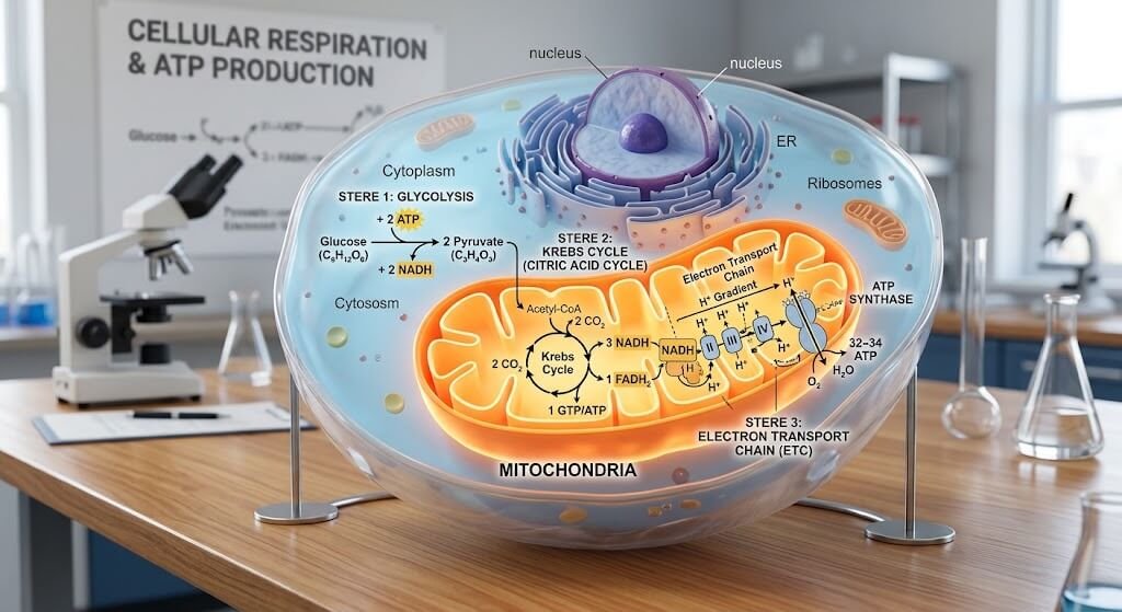 A clear, high-quality diagram showing a human cell with the mitochondria highlighted, illustrating the three stages of ATP production Glycolysis, Krebs Cycle, and Electron Transport Chain