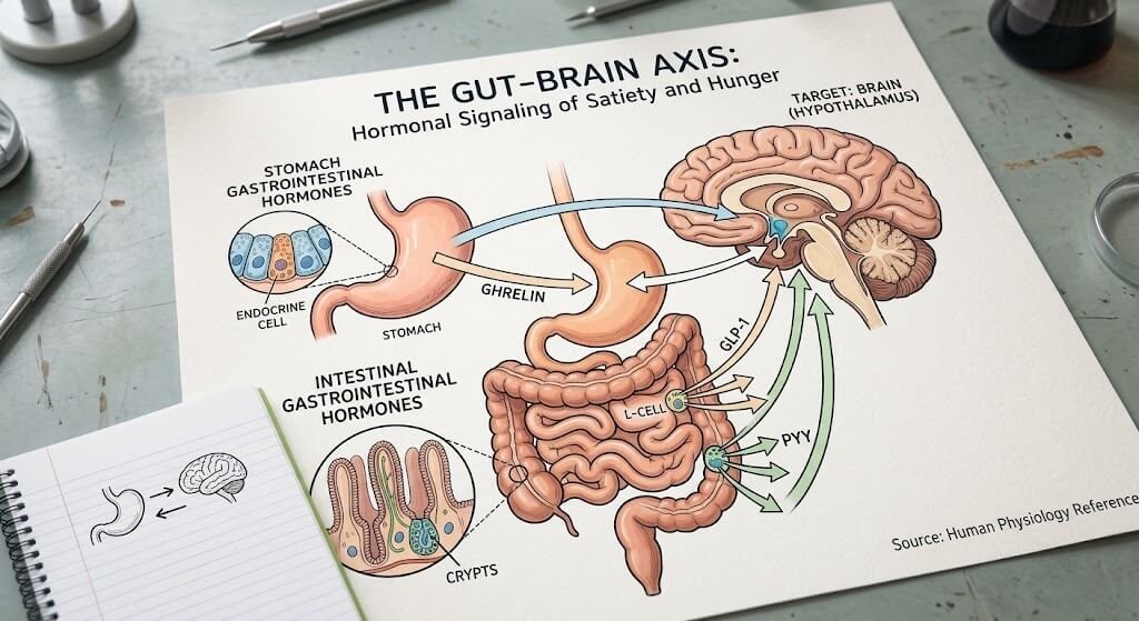 A clear, high-quality infographic showing the gut-brain axis, highlighting the stomach releasing ghrelin