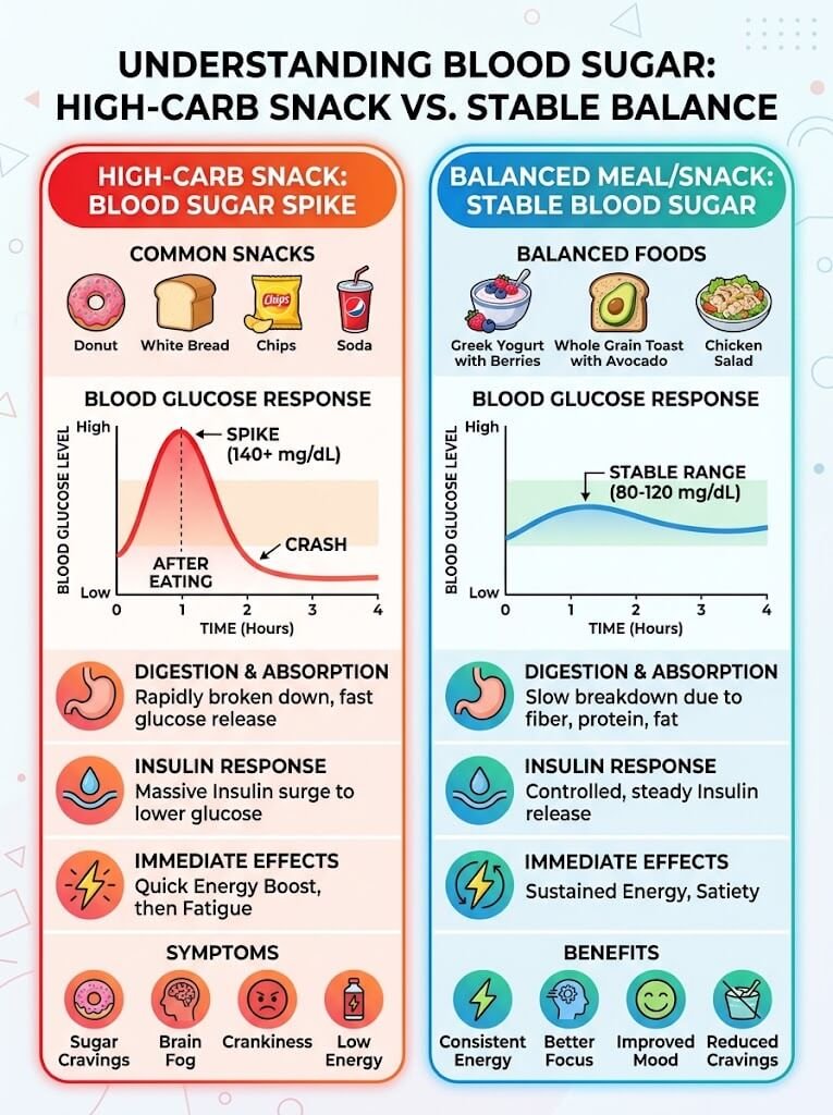 A clear, side-by-side infographic showing blood sugar spikes from a high-carb snack versus the stable,