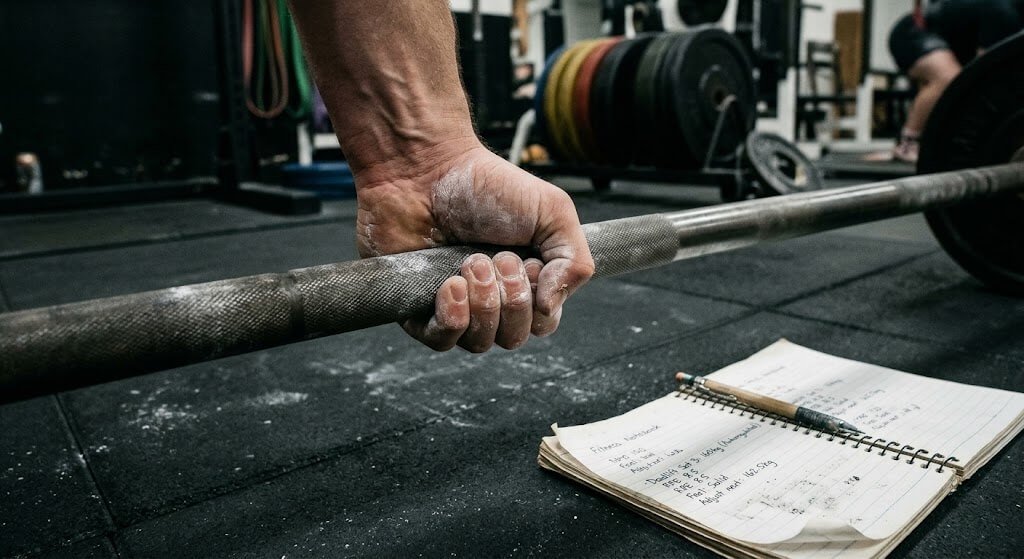 A close-up of a lifter's hands gripping a barbell