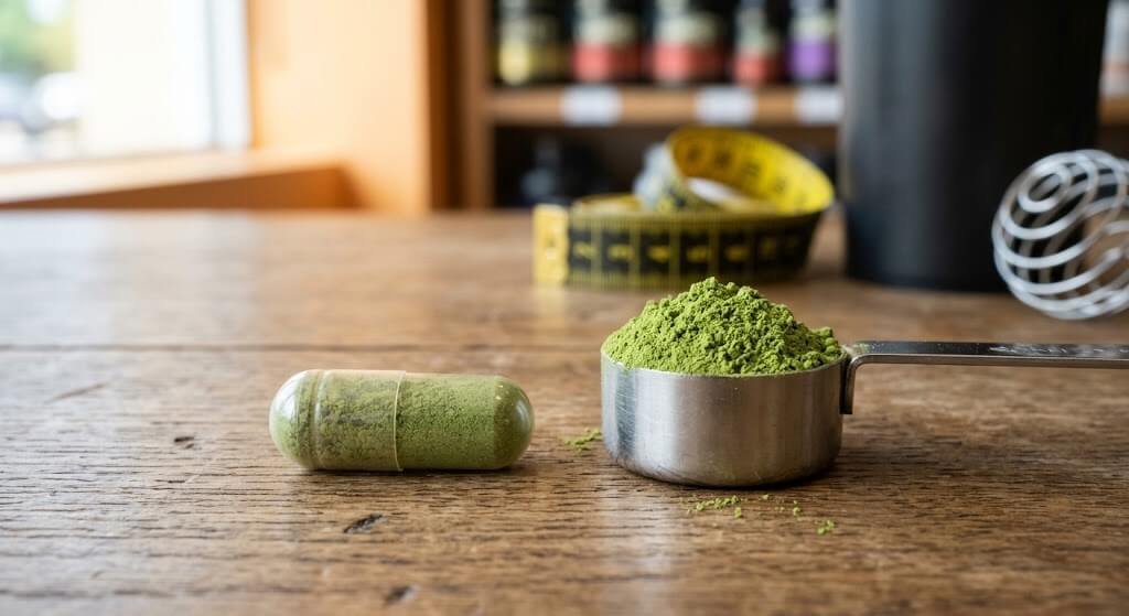 A close-up, high-quality image of a green tea extract