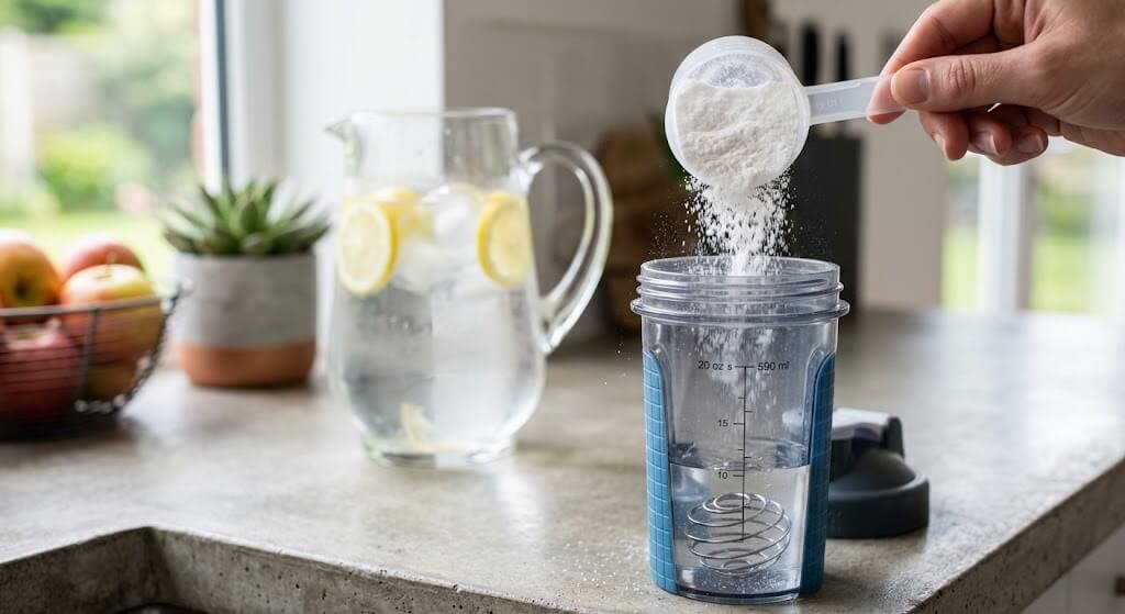 A close-up, high-quality shot of a measuring scoop pouring white BHB powder into a 20-ounce
