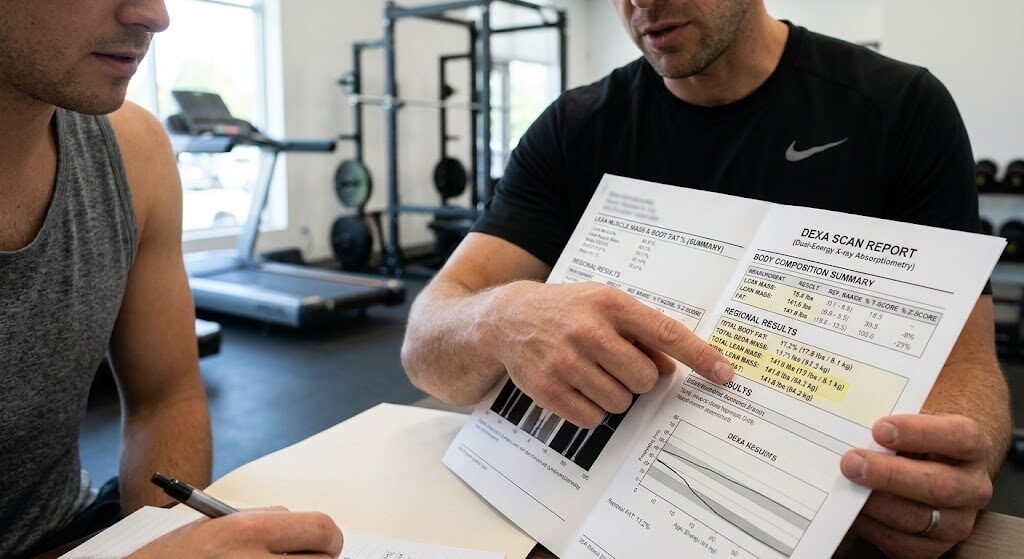 A close-up of a DEXA scan report highlighting