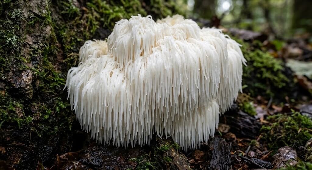 A close-up of a Lion's Mane mushroom showing