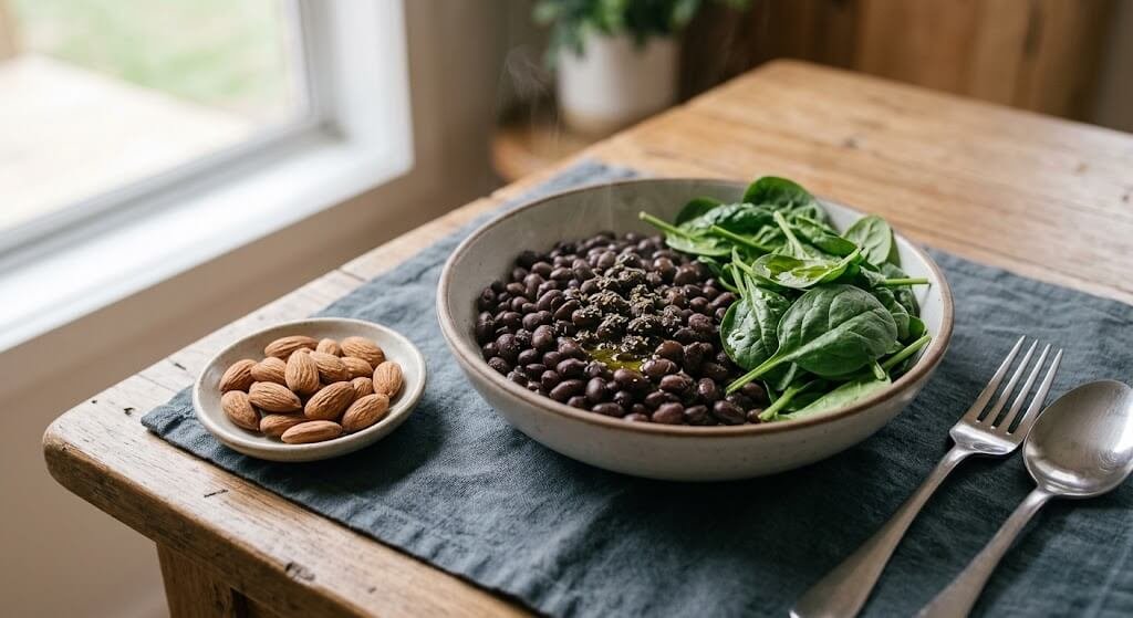 A close-up of a balanced meal featuring a bowl of black beans,