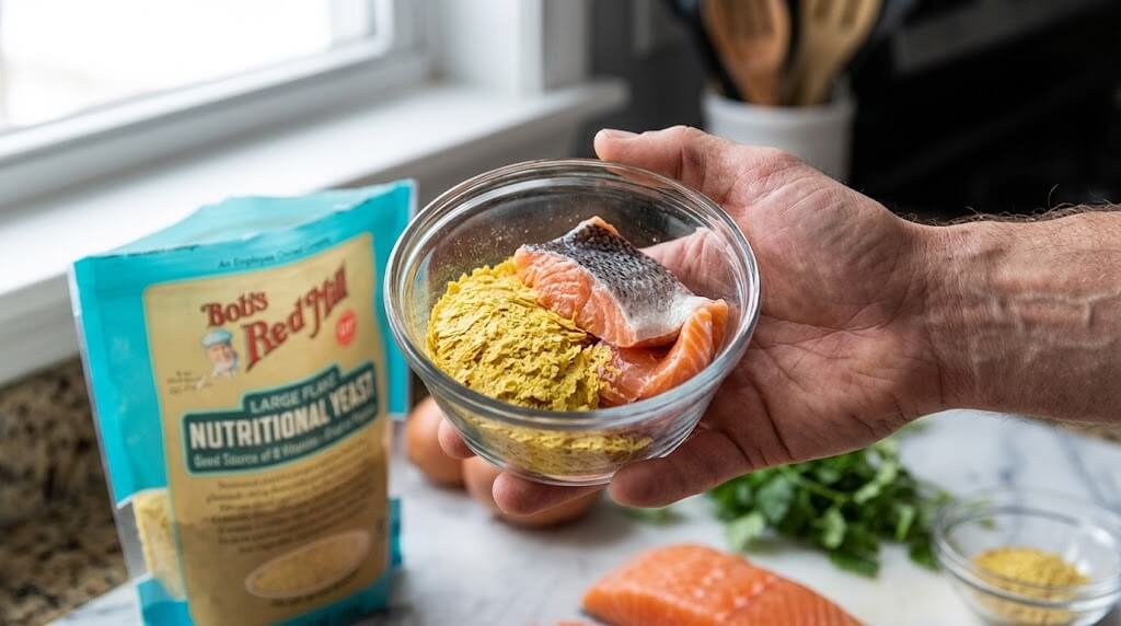  A close-up of a hand holding a small glass bowl of fortified nutritional yeast and