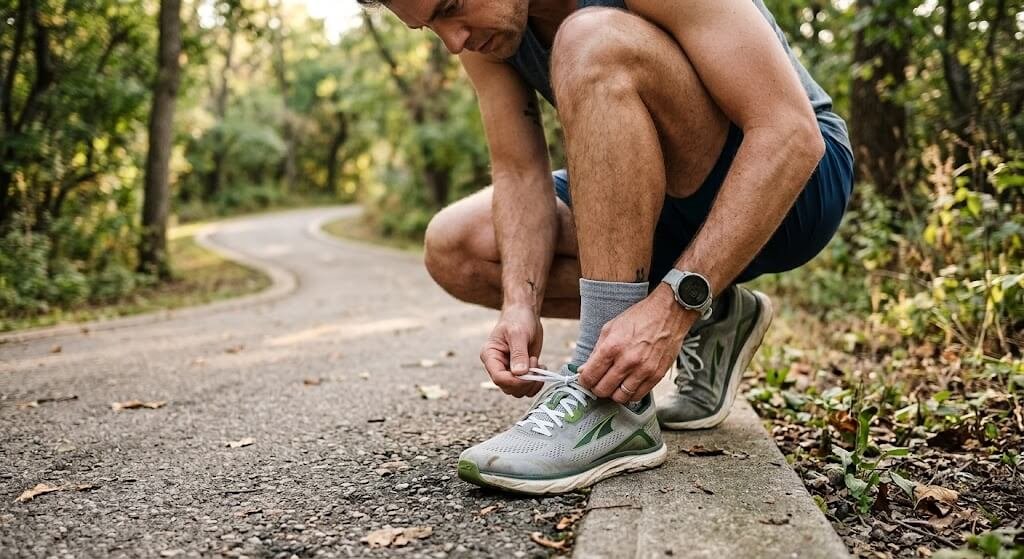 A close-up of a person tying their running shoes, preparing for a Zone 2 cardio session outdoors