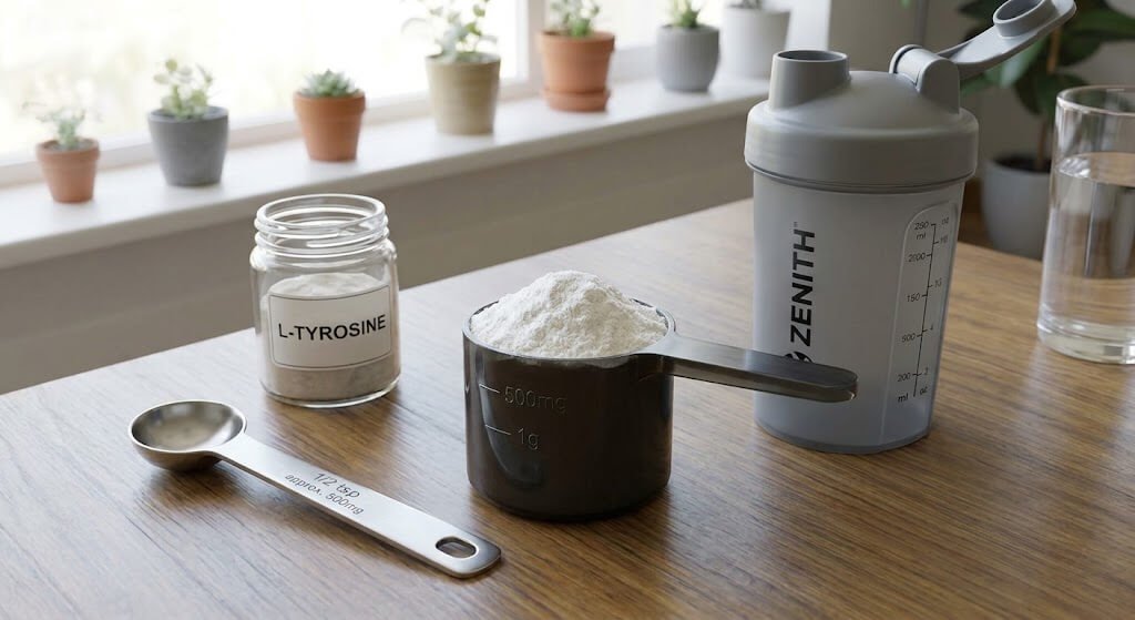 A close-up of a scoop of white L-tyrosine powder next to a shaker bott