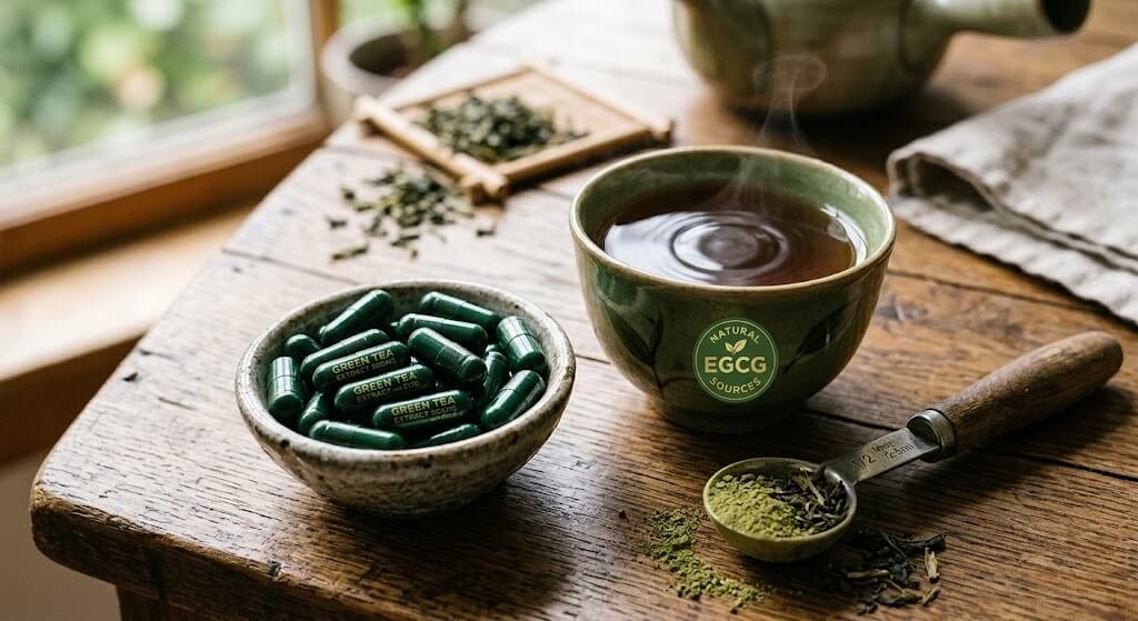 A close-up of green tea extract capsules next to a brewed cup of green