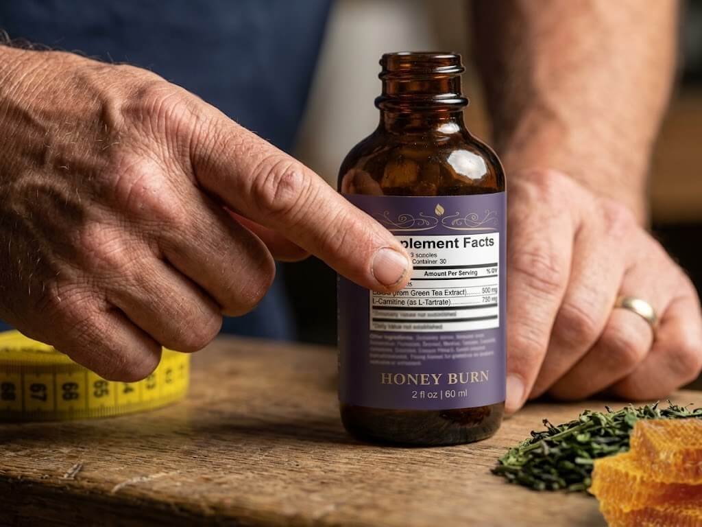 A close-up shot of a coach’s hand pointing to the Supplement Facts panel on a bottle, highlighting the transparent listing of EGCG and L-carnitine dosages