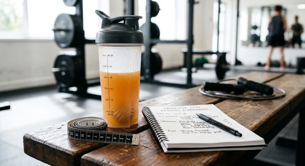 A close-up shot of a shaker bottle containing a mixed exogenous ketone supplement, next to a measuring tape and a notebook with workout notes. The lighting is bright and clean, suggesting a professional fitness setting
