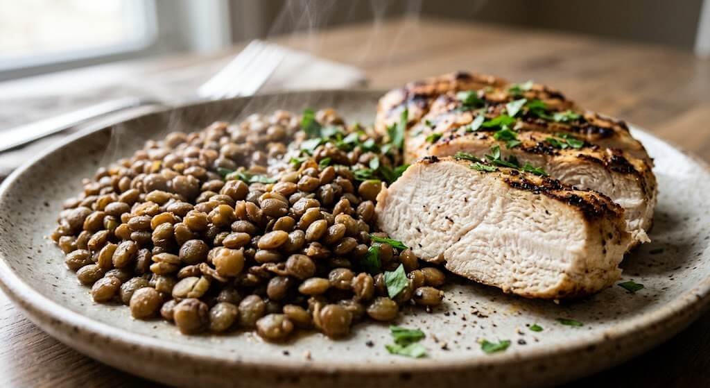 A close-up shot of a steaming plate of grilled chicken breast 