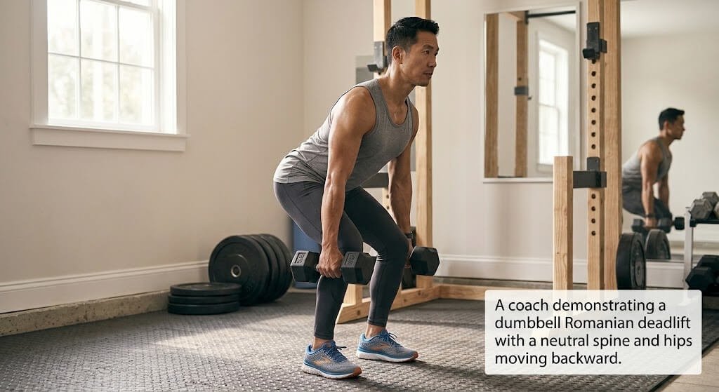 A coach demonstrating a dumbbell Romanian