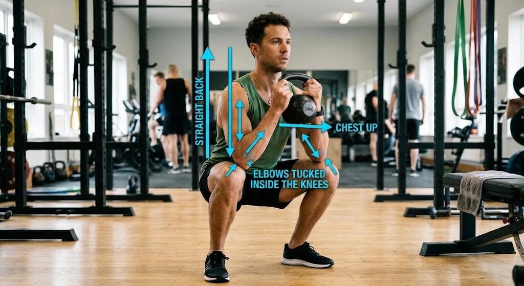 A coach demonstrating proper form for a Goblet Squat,