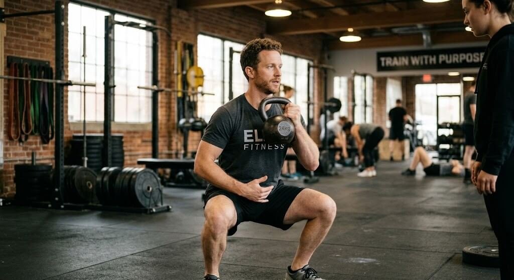 A coach demonstrating proper form on a goblet squat, emphasizing core bracing and controlled tempo, with a gym environment in the background.