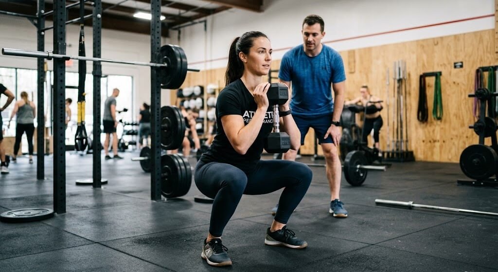 A coach demonstrating proper goblet squat form with a dumbbell held at chest level,