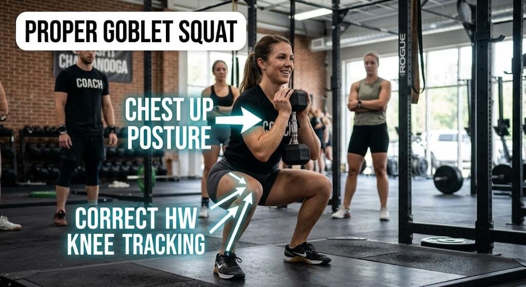 A coach demonstrating proper goblet squat