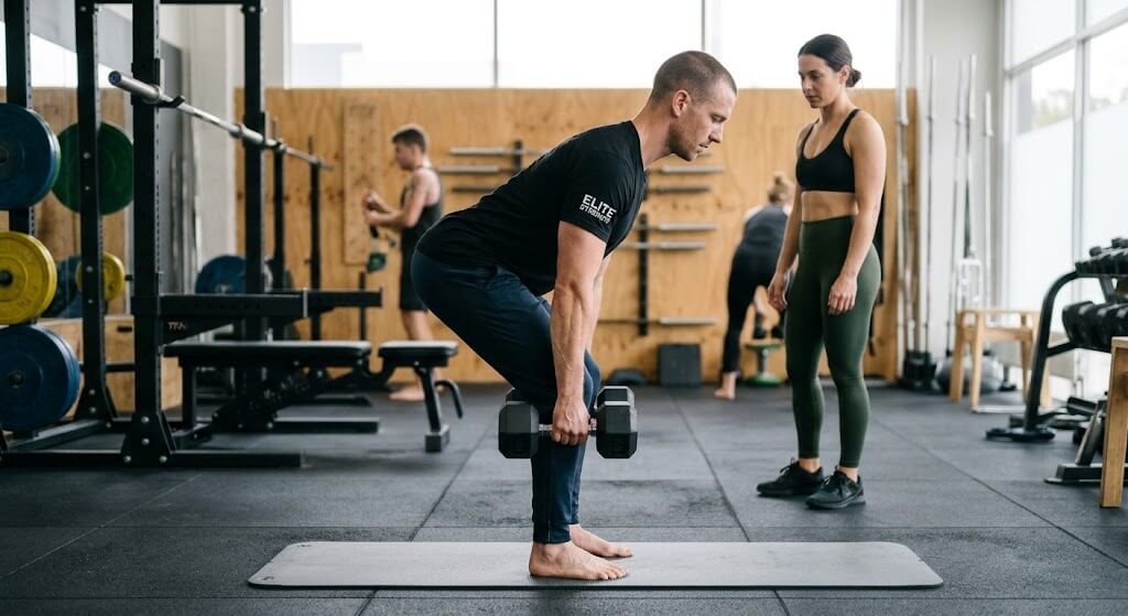 A coach demonstrating proper hip hinge form for a Dumbbell 