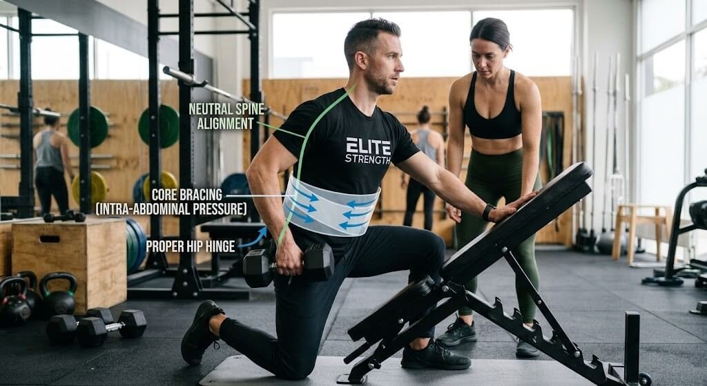 A coach demonstrating proper spinal alignment and hip hinge during 