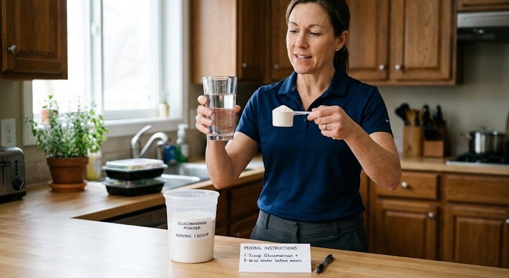 A coach holding a glass of water next to a measuring scoop of glucomannan