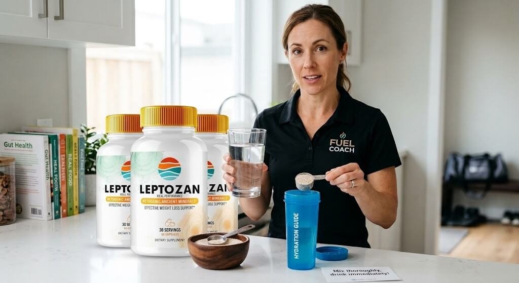 A coach holding a large glass of water next to a scoop of psyllium