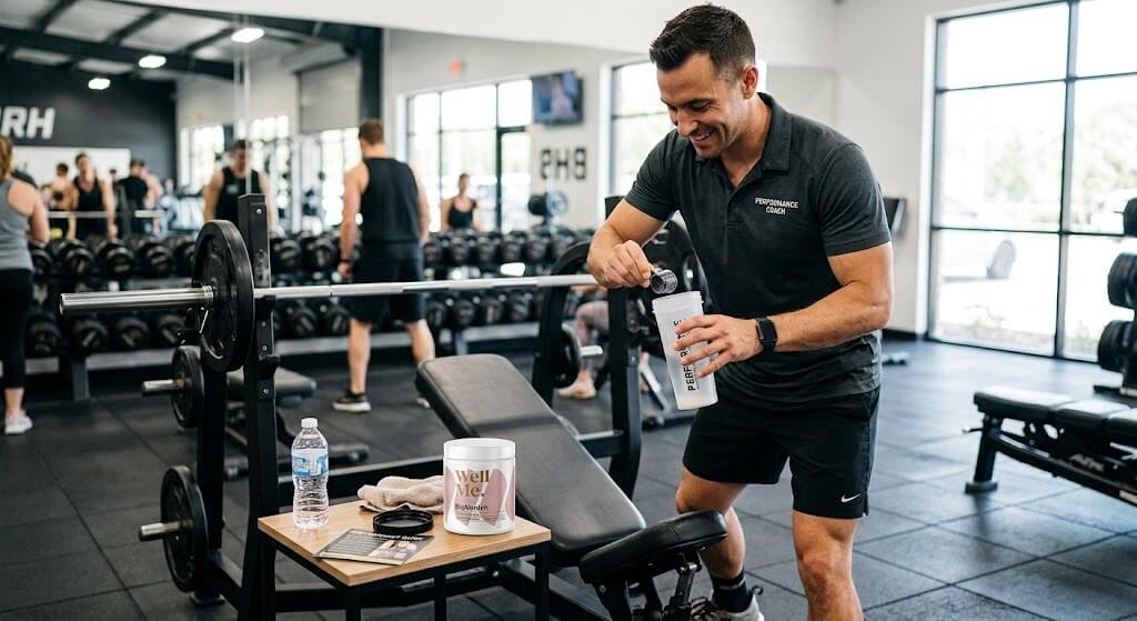 A coach holding a shaker bottle with BHB powder next to a gym bench, demonstrating proper pre-workout preparation